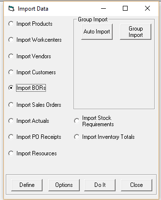 Data import features for production scheduling