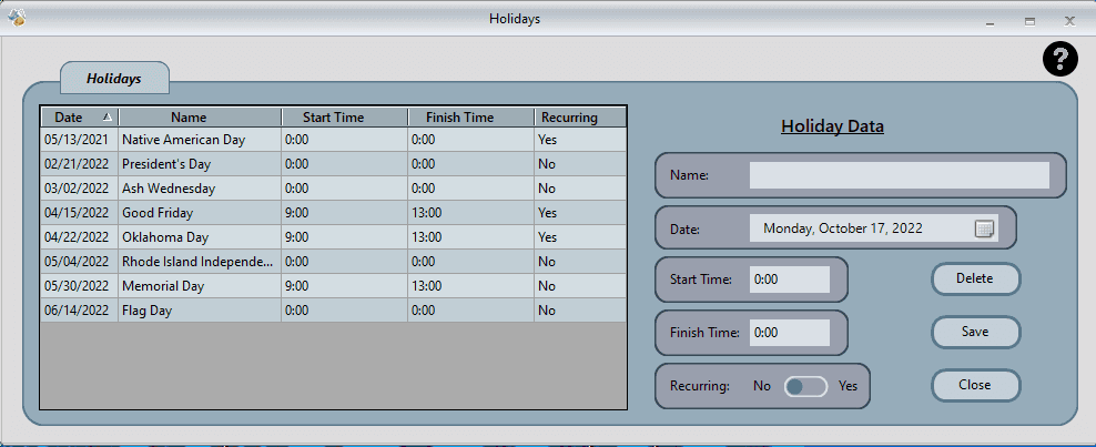 Holiday management interface