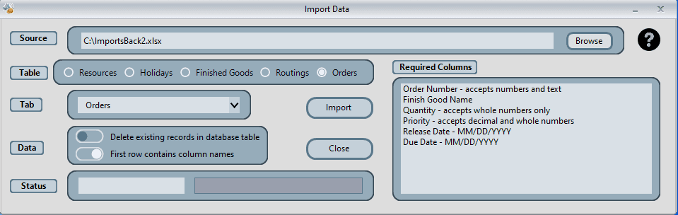 Data import window