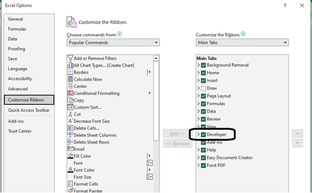 Excel options menu showing Customize Ribbon interface.