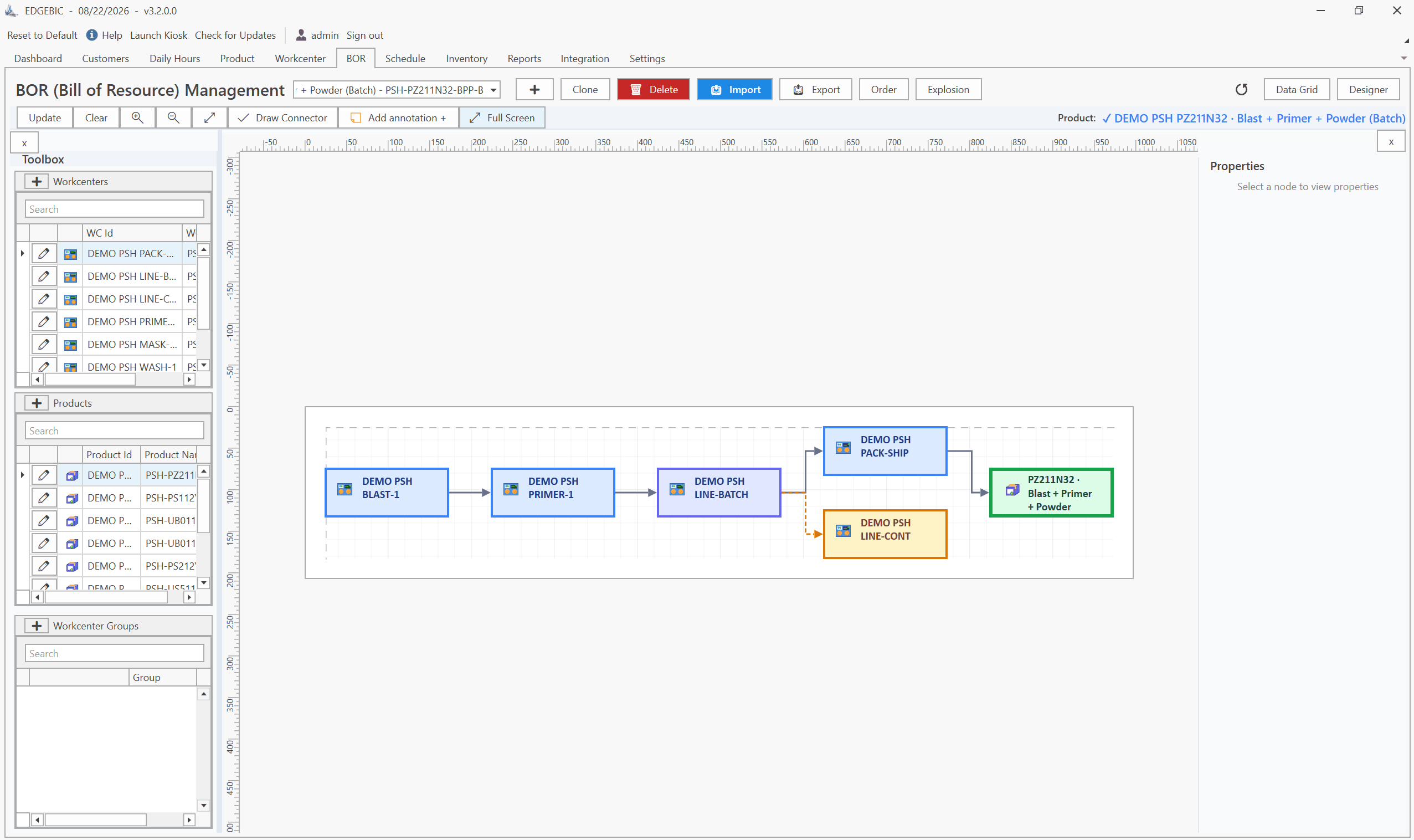 EDGEBIC Bill of Resources flow chart editor showing a multi-step routing built as connected nodes with a sub-assembly branch
