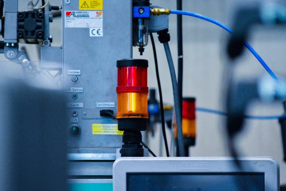 Andon light system with yellow and red alert indicators above a manufacturing production line
