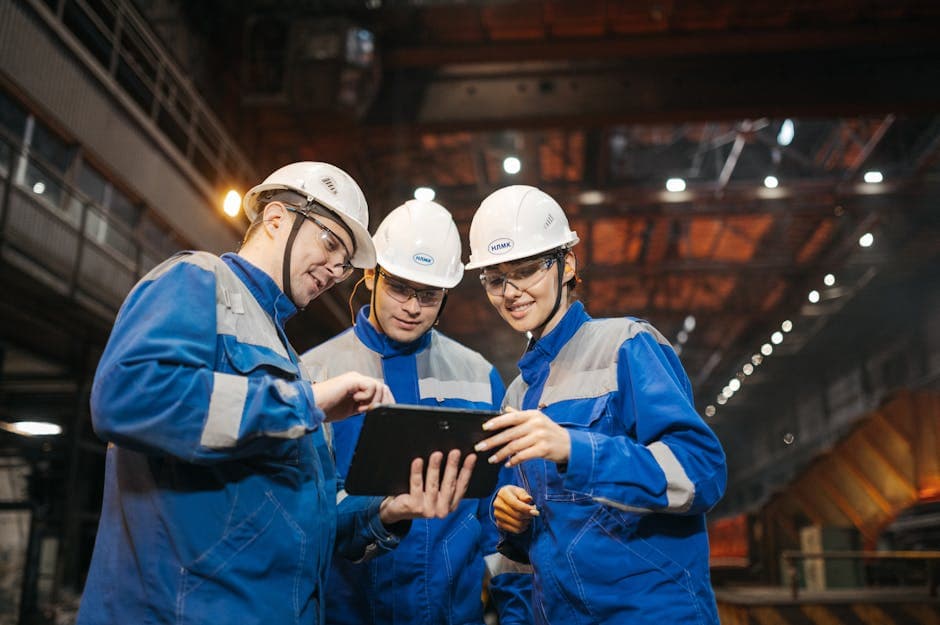 Industrial engineers collaborating on a tablet in a factory setting