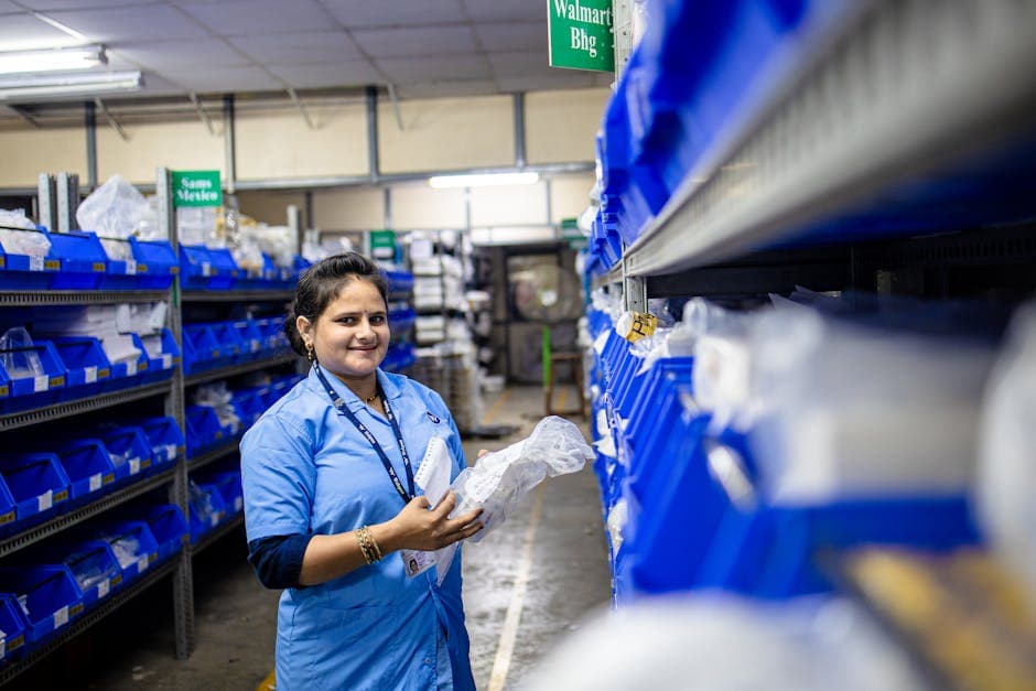 Warehouse worker organizing finished goods inventory on shelves with blue bins