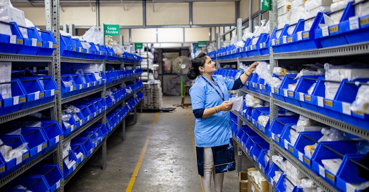 Warehouse worker organizing bulk inventory on metal shelving racks in a manufacturing facility