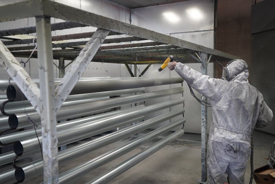 Technician applying powder coating in a professional industrial workshop setting