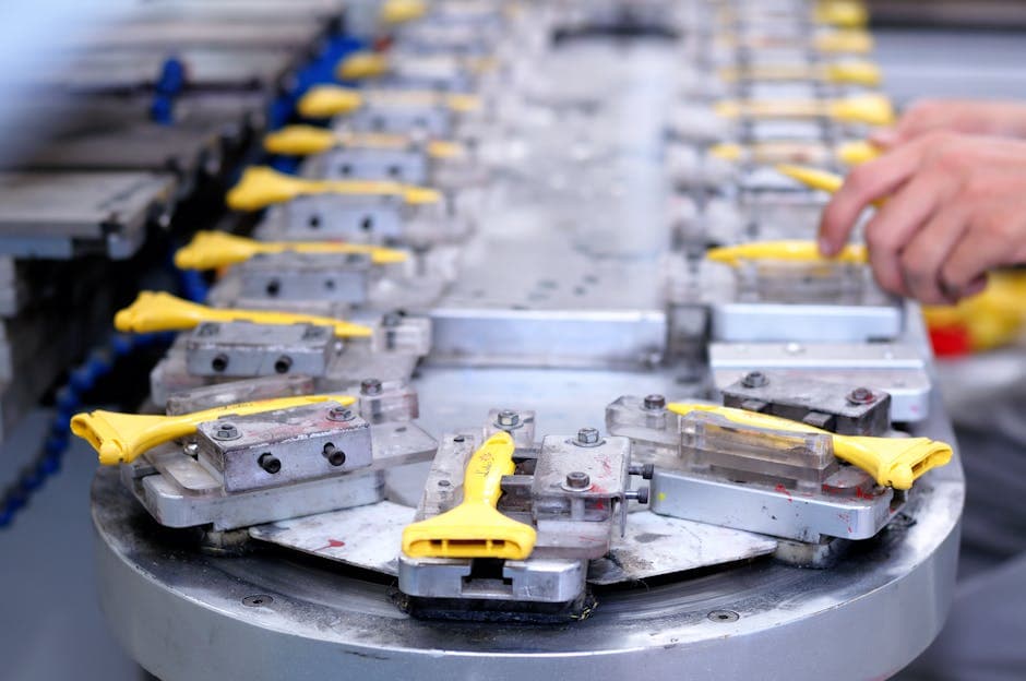 Factory production line with precision-manufactured yellow components being processed